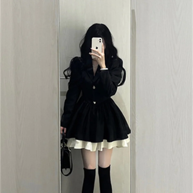 French High-end Temperament Black Suit Dress Women\'s Plus Size Waist Cinched Princess Puffy Skirt