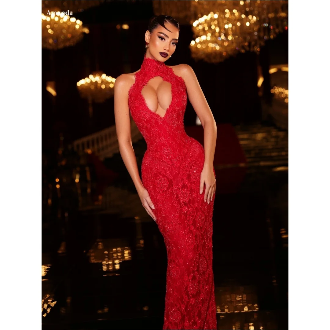 Amanda Rosso Halter Neck Cuore Ritaglio Pizzo Paillettes Personalizzato Serata Formale Abito Lungo Abiti da gala Elegante