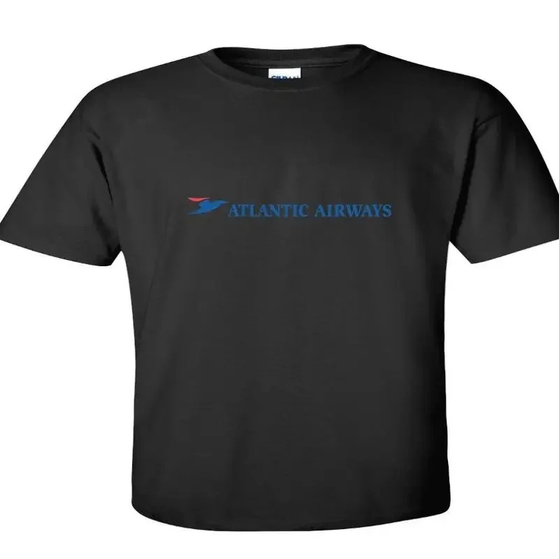 Atlantic Airways Blue Red Logo Faroese Airline Black Cotton T shirt