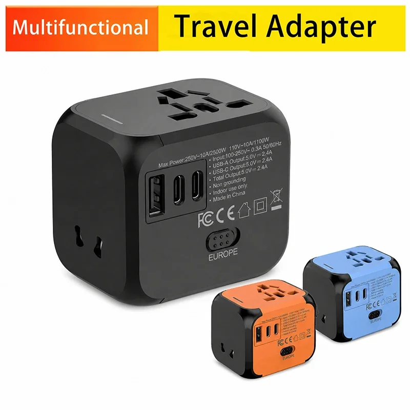 GaN Fast Charging Travel Adapter,Universal All In One Plug With USB-C PD,Certification CE FCC RoHS For Asia EU UK US AU,3 Colors