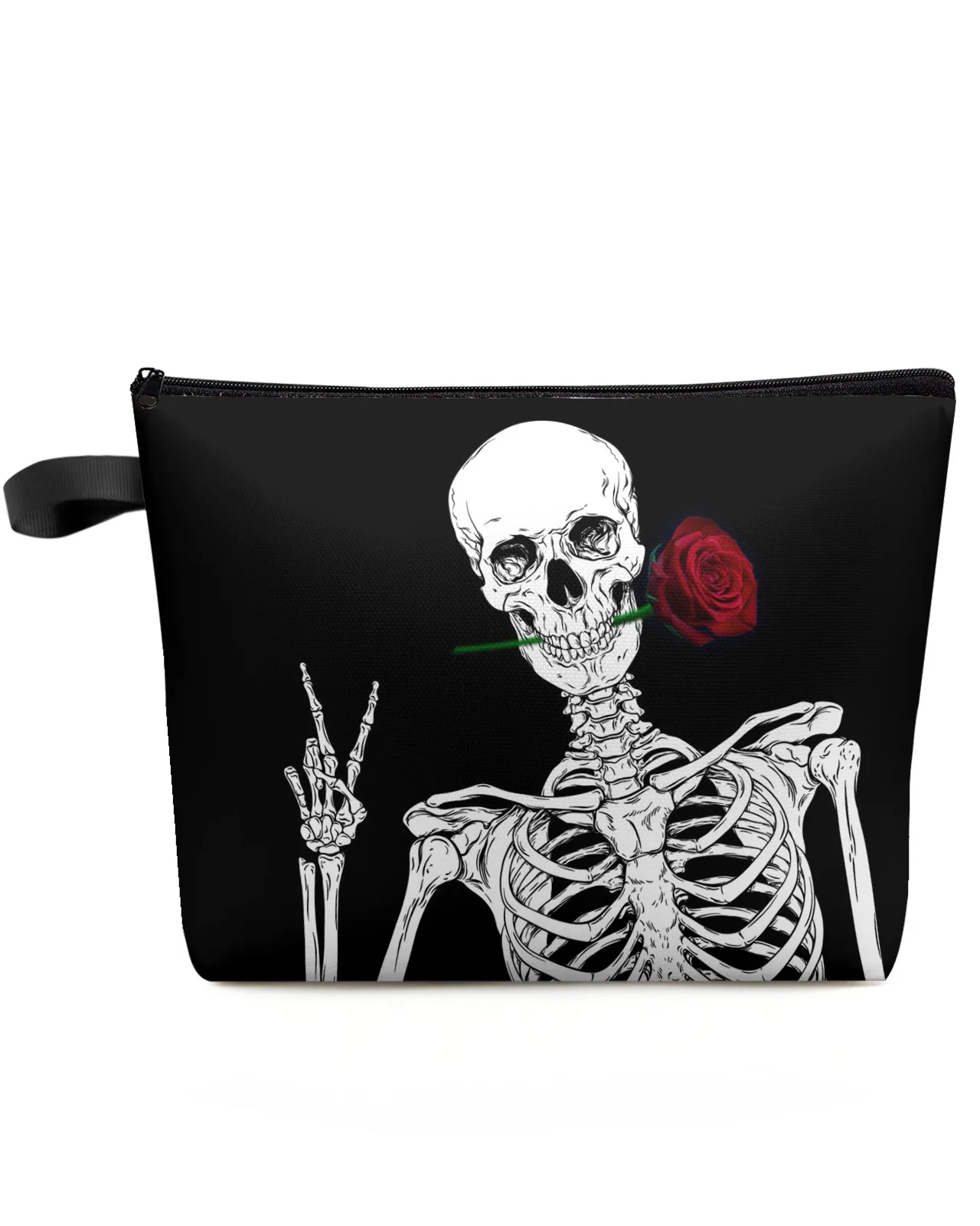 Skull Red Rose Flower Courtship Black Makeup Bag Pouch Travel Essentials Women Cosmetic Bags Organizer Storage Pencil Case