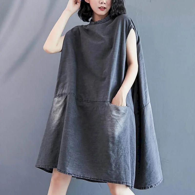 

Denim Dress Women O-neck Sleeveless Casual Loose Summer Artistic Versatile Korean Style Oversized Vintage Knee Length Dresses