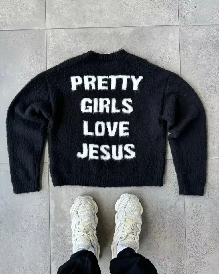 American High Street Couple sweater men and women winter loose letter design crew-neck knitwear street trend retro pullover