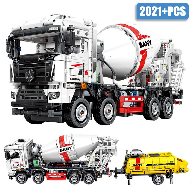 

City 2021pcs Engineering Vehicle Concrete Mixer Truck With Trailer Pump Building Blocks Technical Engineering Truck Bricks Toys