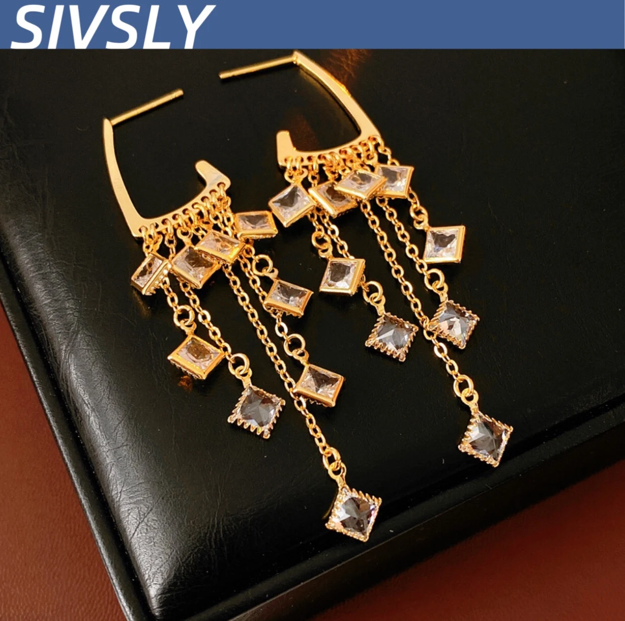 

[Floss] Silver needle set with zirconium octahedron floss earrings, luxurious, high-end, versatile, cold-style earrings