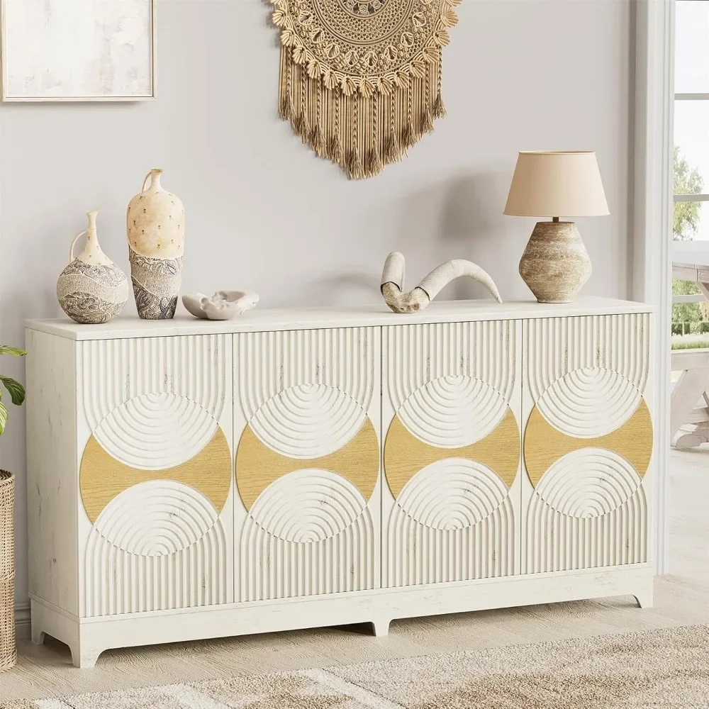 Sideboard Buffet Cabinet with Storage, Large Modern Fluted Sideboards, Boho Accent Credenza Storage Cabinet for