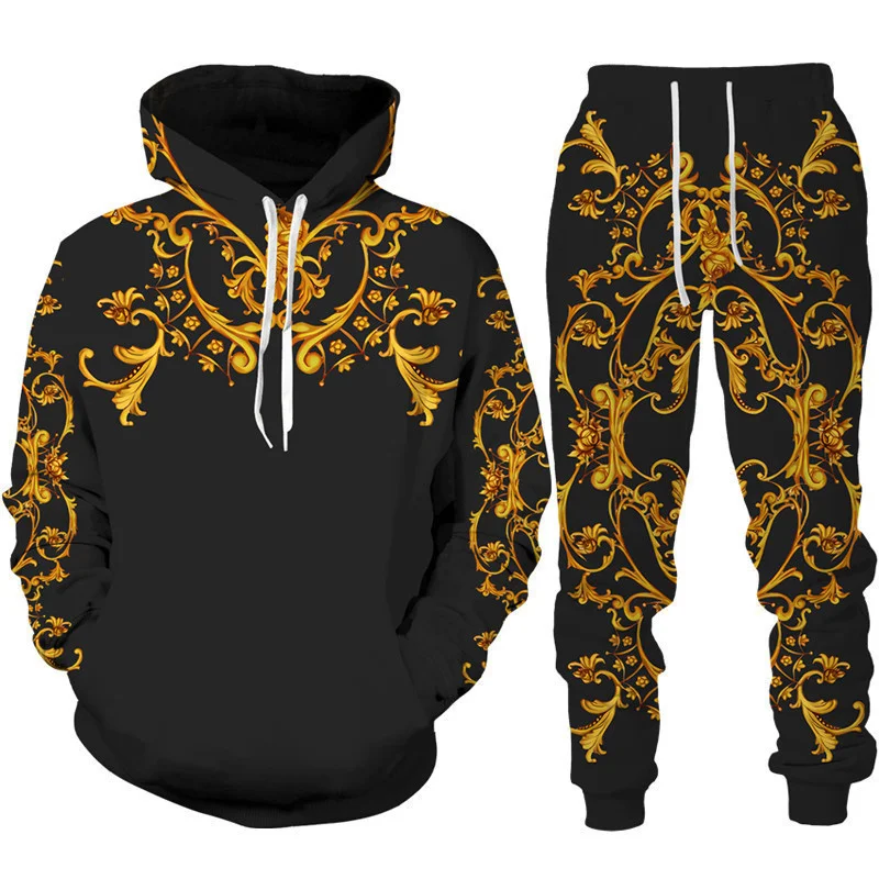 Barok mahkeme tarzı Hoodie/takım elbise erkek lüks altın çiçek 3D baskılı kazak & pantolon seti moda Unisex Streetwear giyim