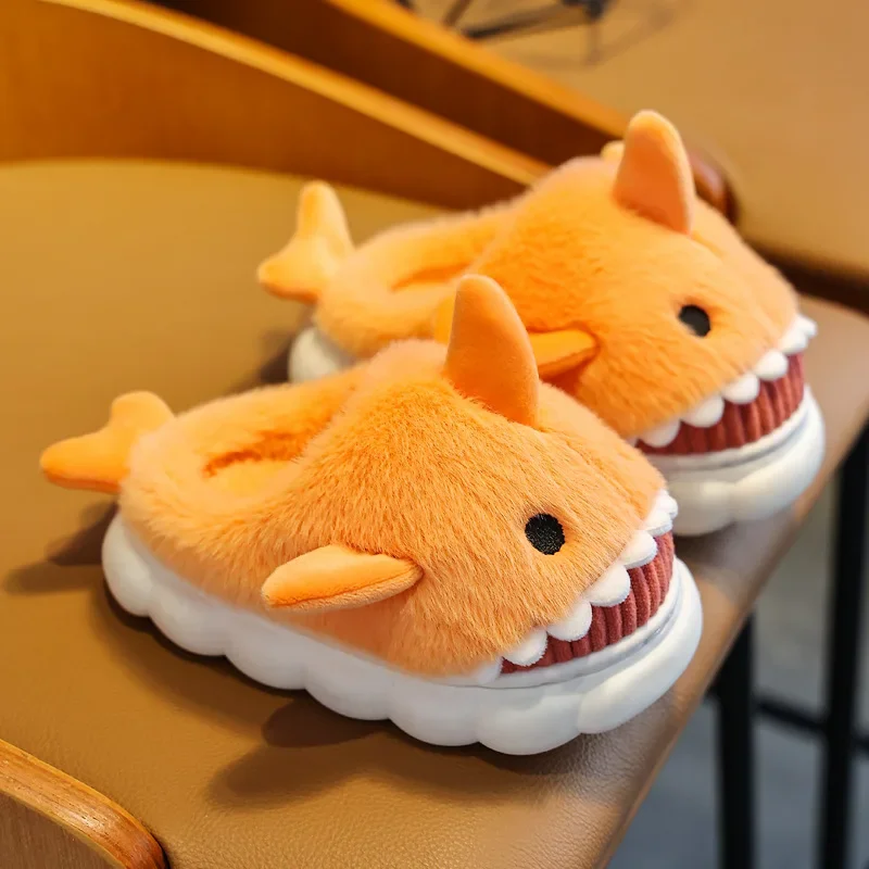 Children\'s Cotton Slippers Boys and Girls Cute Cartoon Shark Slippers Autumn and Winter Home Indoor Baby Thick Bottom Slippers