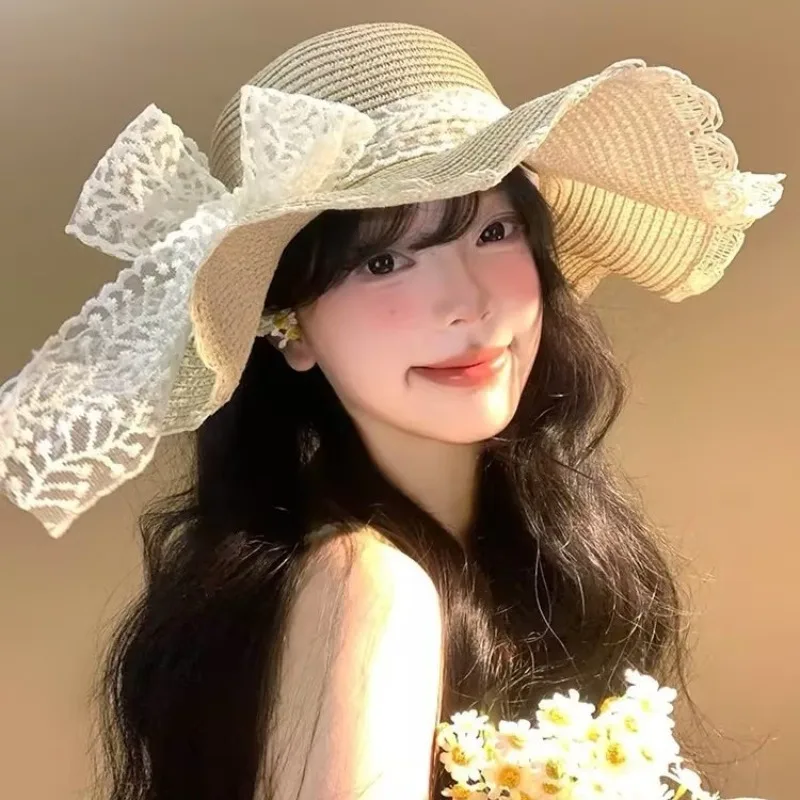 Lace Trim Straw Sun Hat - Foldable&UV Protection&Lightweight, The Ultimate Vacation Essential New Straw Sun Hat Bow Ribbons
