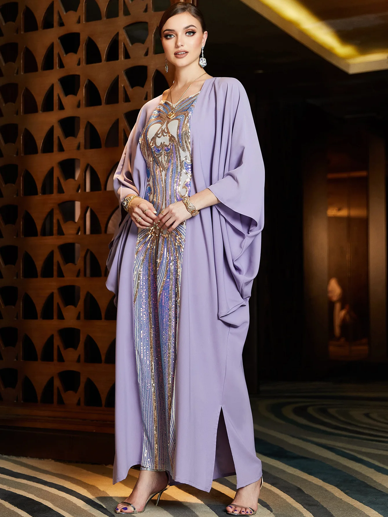 Purple Muslim Dress for Women Moroccan Kaftan Luxury Arab Dubai Abaya Islam Jalabiya Marocain Turkey Dresses Sequins Robe