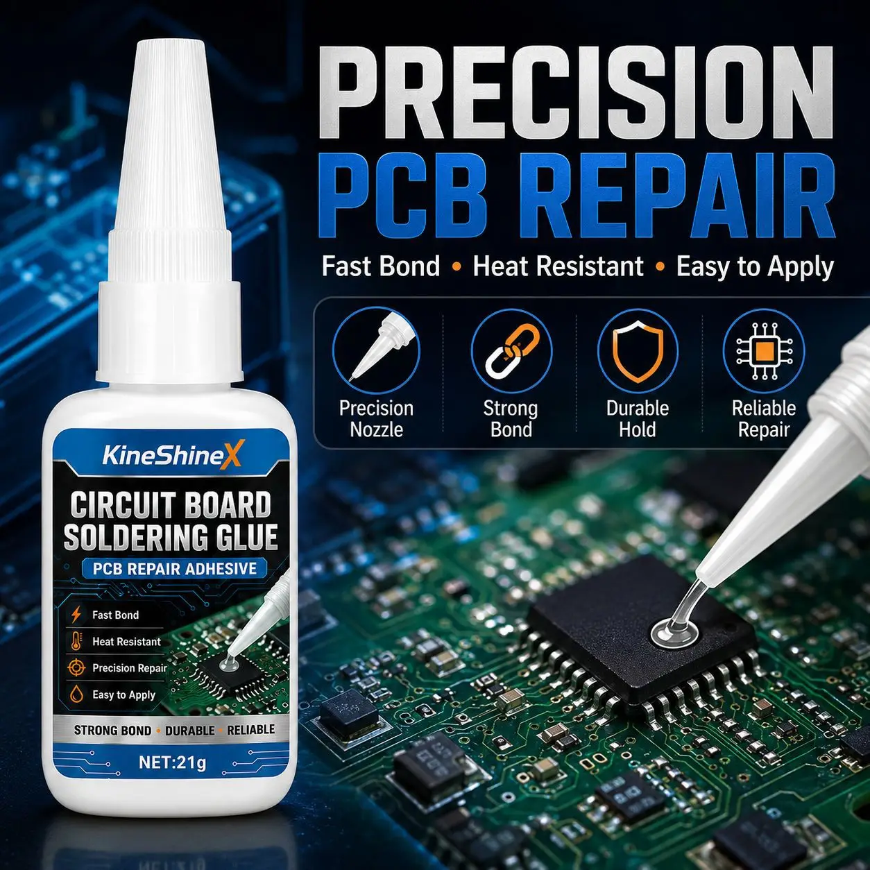Circuit Board Soldering Glue 21g – PCB Repair Adhesive for Components, Connectors & Solder Joints, Fast Bond, Precision Nozzle