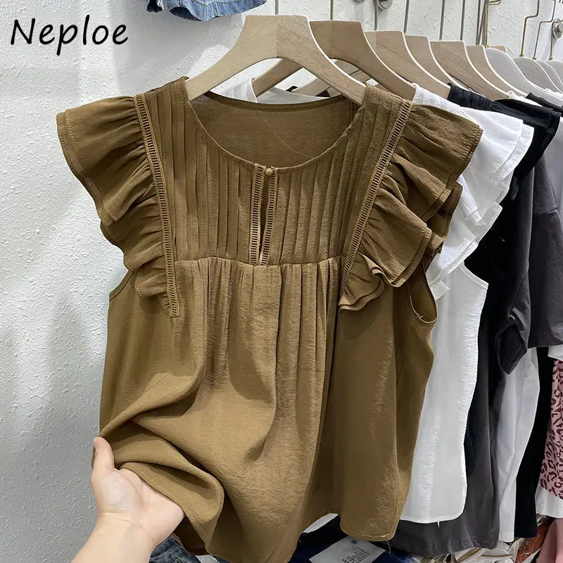 Neploe Korean Chic Blusa 2024 Summer French Temperament Flying Sleeve Chiffon Shirts Femme Beautiful Ruffle Sleeveless Blouses