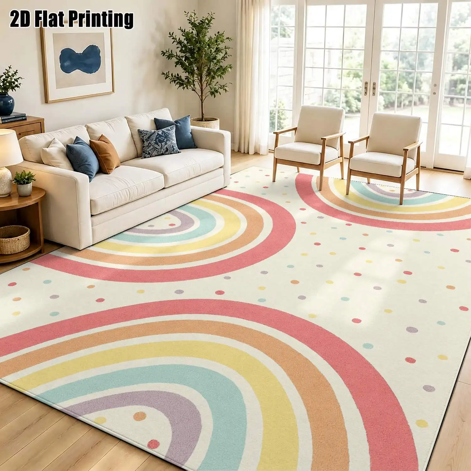 1Pc 2D Printed Carpet: Colorful Geometric Rainbow Pattern, Nordic/Instagram/Modern Minimalist Style, Machine Washable, Multi-Size, for Home Decor & Multi-Scene Use