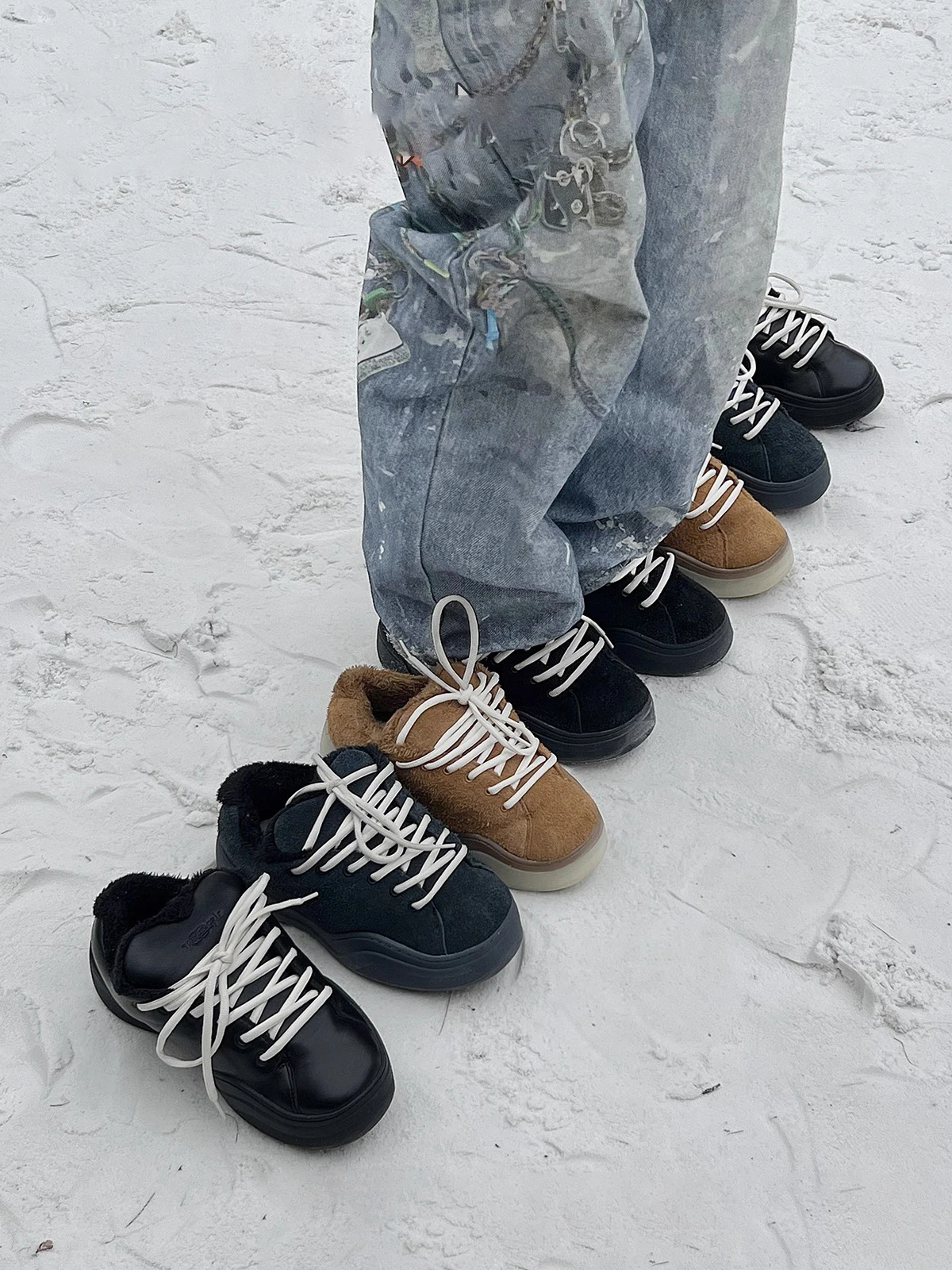 UNZIZHI Couple Cotton Shoes Winter New Outdoor Snow Boots Fleece Warm Anti-slip Casual Bread Shoes Trendy Low Top Lace-Up rou...