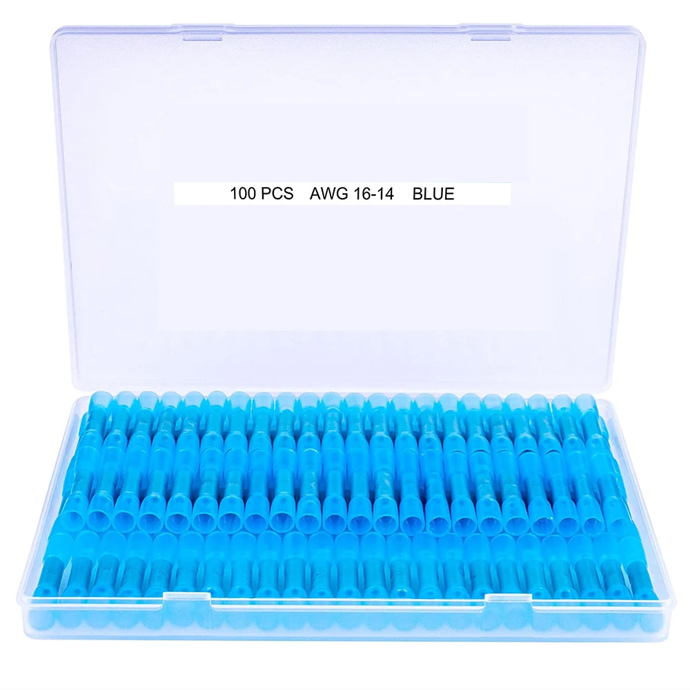 100pcs Heat Shrink Butt Connectors Blue 16-14 AWG 0.6mm Red Copper Marine Grade Waterproof Insulated Crimp Wire Splice Terminals