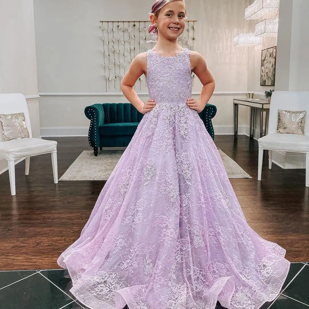 

Lilac Lace Flower Girls Dresses For Wedding Appliqued Toddler Pageant Gowns Long A Line First Communion Dress