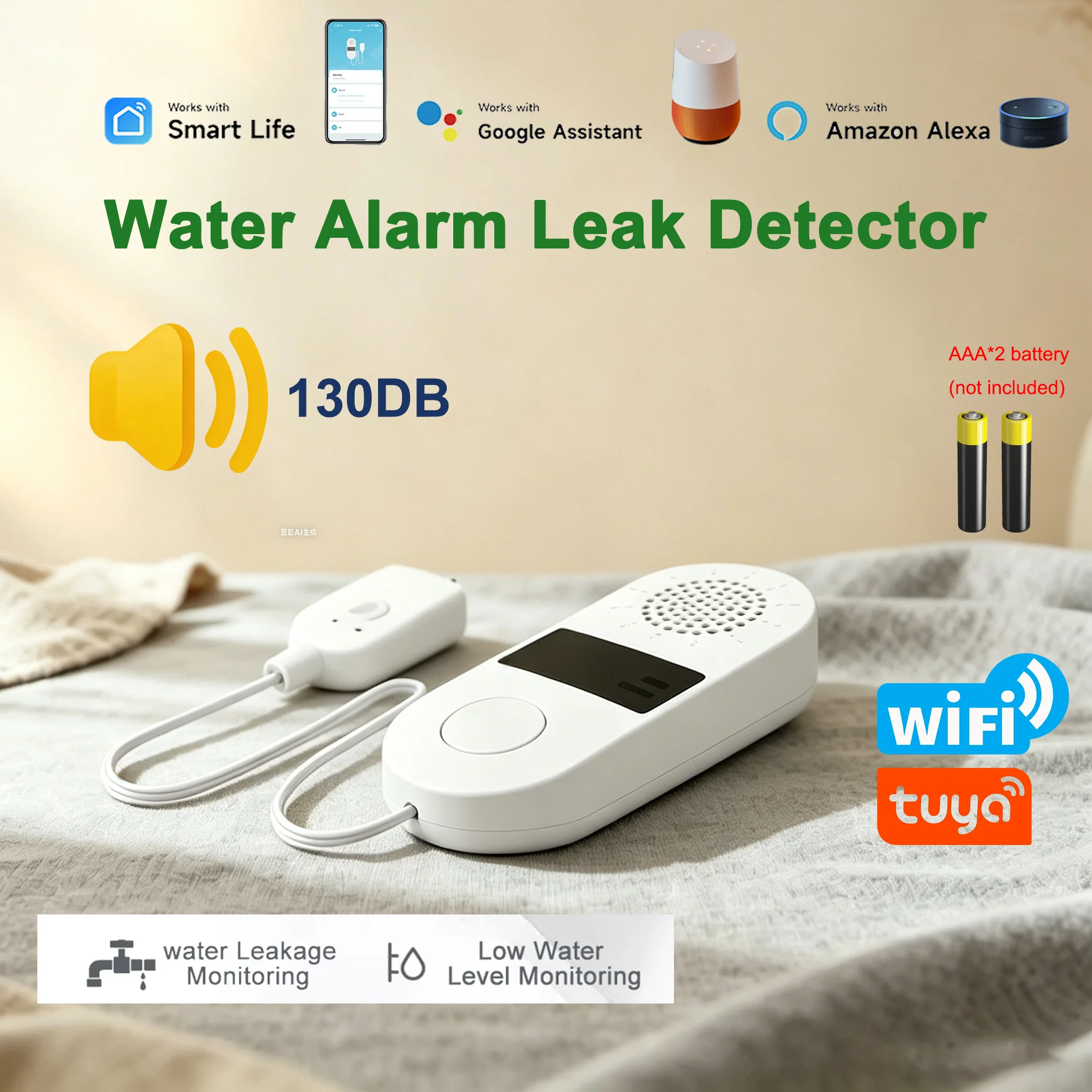 Water Alarm Sensor - Tuya WiFi Wasserleck-Detektor 130dB Alarm Flüssigkeitssensor