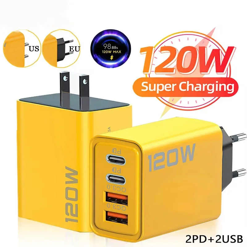 

New 120W Super Fast Charger 4Port USB C PD 10A Cable High Speed Charger Adapter For Xiaomi iPhone Samsung Huawei EU US Plug