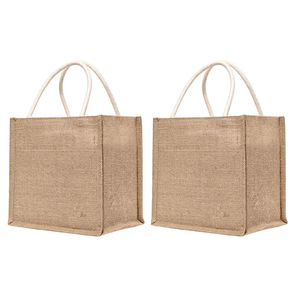 2 個黄麻布トートバッグ再利用可能な食料品バッグショッピング野菜洗えるジュート収納ポーチ多目的トートハンドヘルドバッグリネン