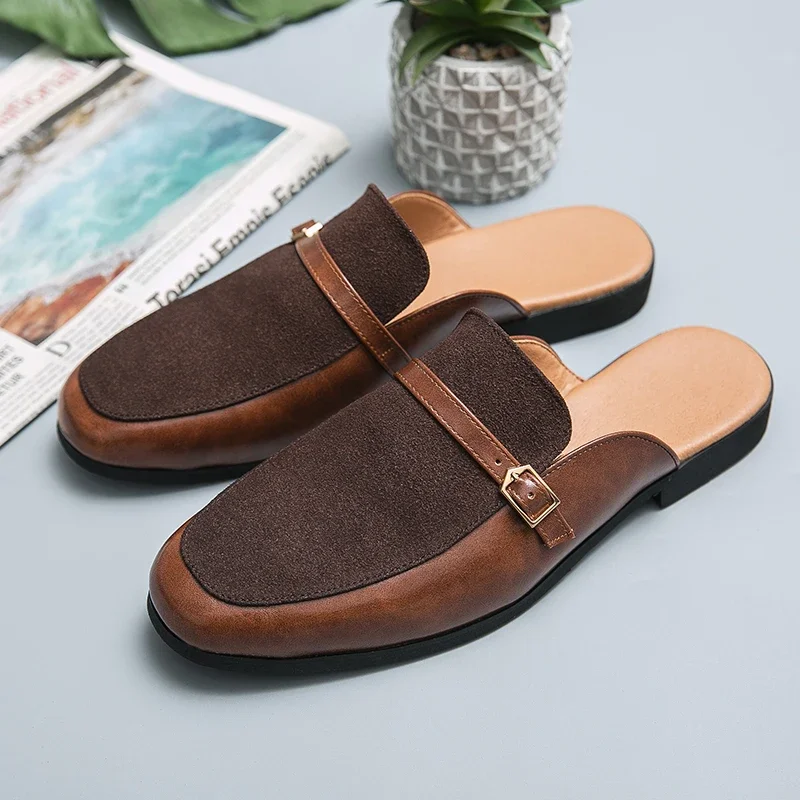 Luxury Brand Half Shoes 38-48 Men Suede Leather Brown Blue Flat Mules Black Casual Shoes Mens Fashion Mocassin Homme Chaussure