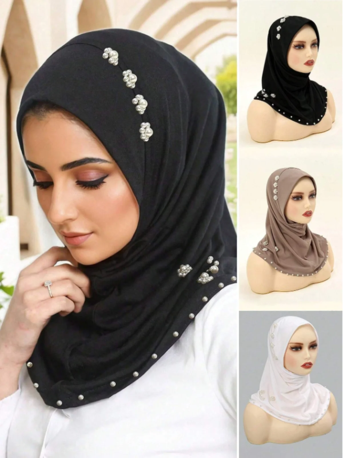 أنيقة المرأة مسلم الحجاب الفوري اللؤلؤ الأزهار ديكور الحجاب خيمار الصلبة غطاء الرقبة ارتداء اليومي ل عباية غطاء داخلي عمامة