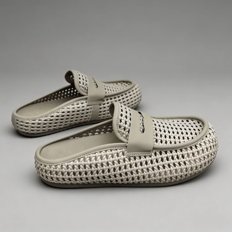 Luxury Texture Men   Mules 2026 Summer New Thick Wedge Platform Backless Loafers Breathable Casual Slip On Half Slide Slippers