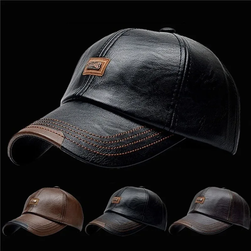 New Autumn/Winter Man PU Leather Baseball Caps Male Casual Belt Ear Warm 56-60 Adjustable Sprot Flight Hats