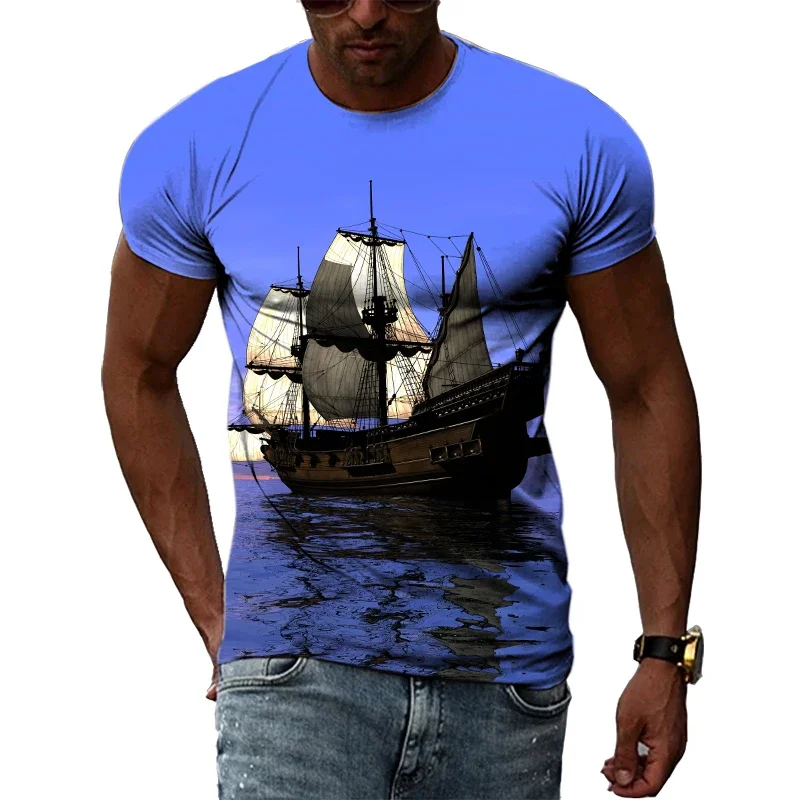 Summer Sea Sailing Pattern T-shirt For Men's Casual Personality 3d Printing O-neck Children's Short Sleeve Street Wear Thin Top