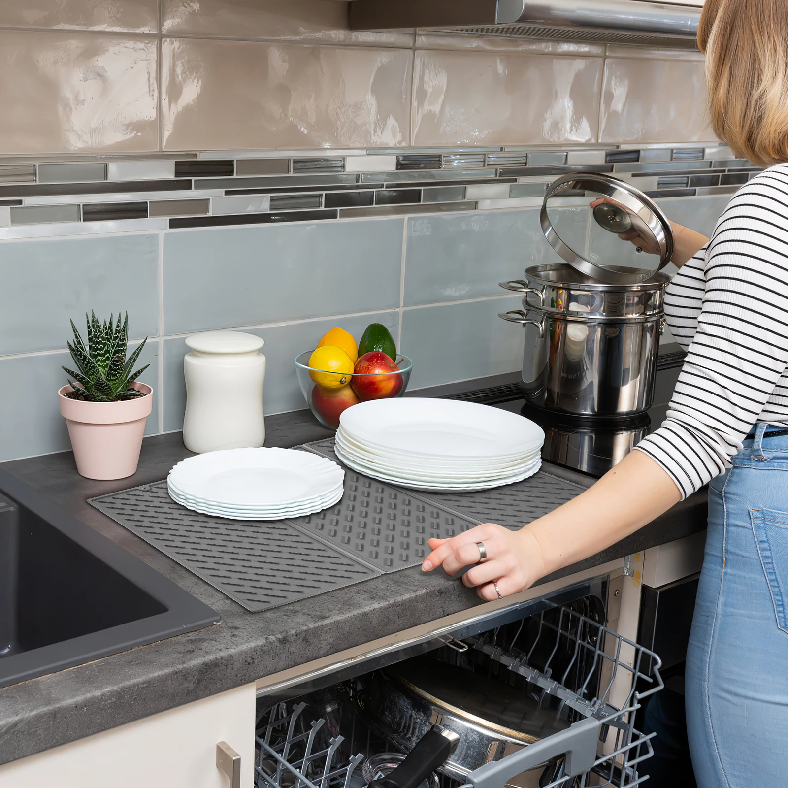 

Silicone Draining 3 Fold Kitchen Drying Counter Dish Sink Mats Draining Mats For Kitchen Counter Thick Protective Gray Easy