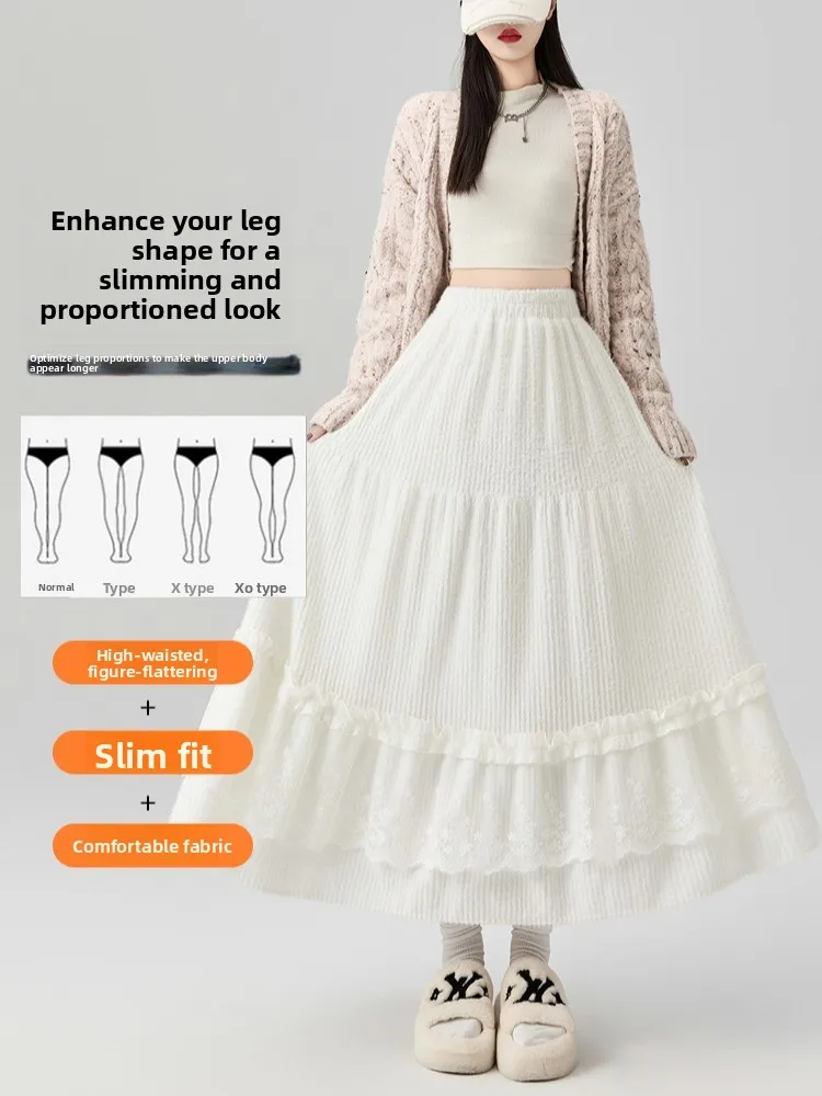 Princ Sle Gebreide f Rok Taart Ontwerp Zacht Plu Wit Kant Splitsen Herfst Winter Dames Faion Hoge Taille Paraplu...