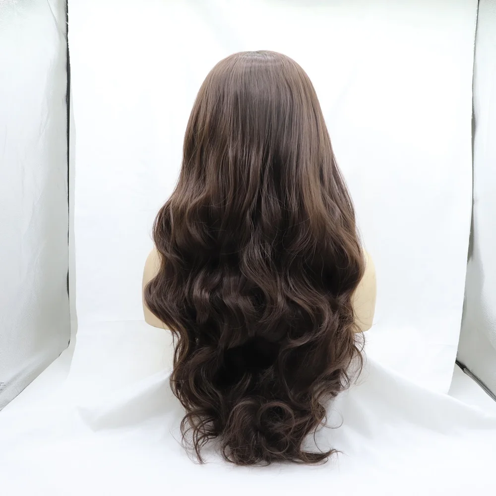 Bruine Natuurlijke Body Wave Synthetische Full-Machine Made Pruiken Haar Pruik Midden Scheiding Zwart Hittebestendig Fiber Haar Voor Vrouwen