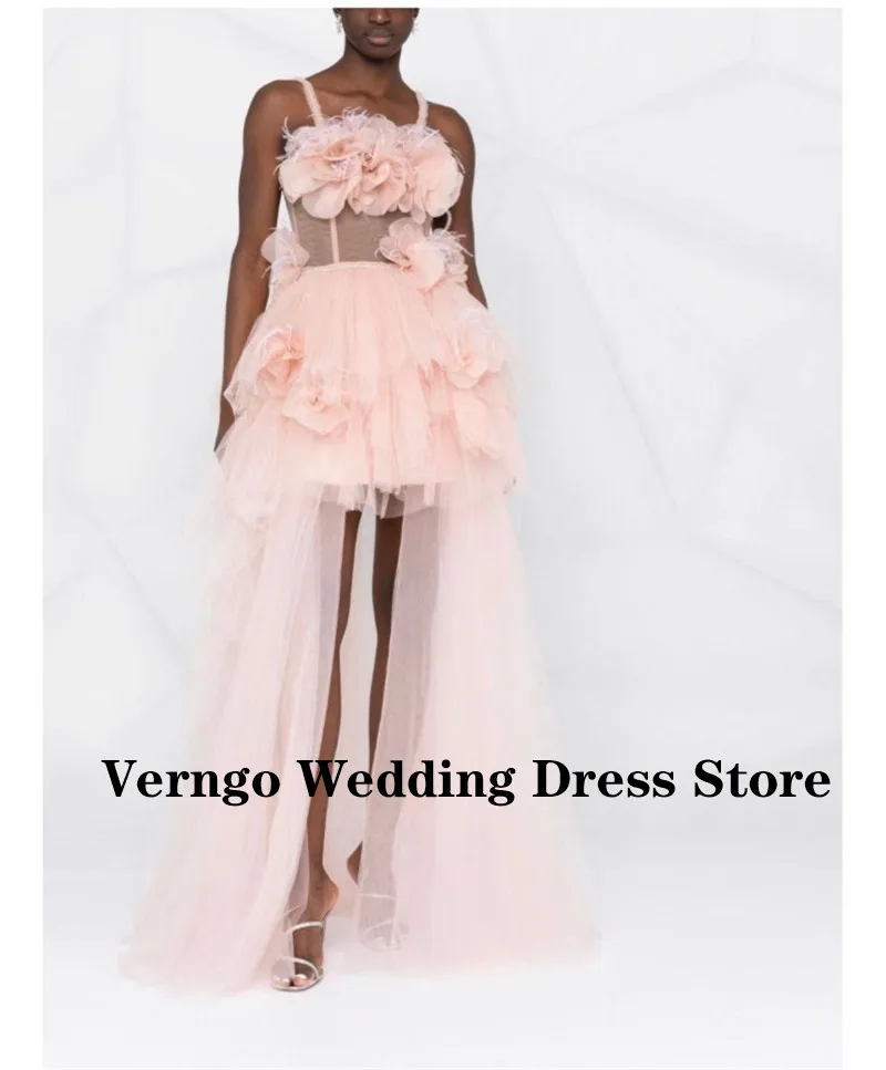 

Verngo Modern Pink Tulle Short Front Long Back Prom Dresses High Low Sweetheart 3D Flowers Feathers Straps Evening Party Gowns