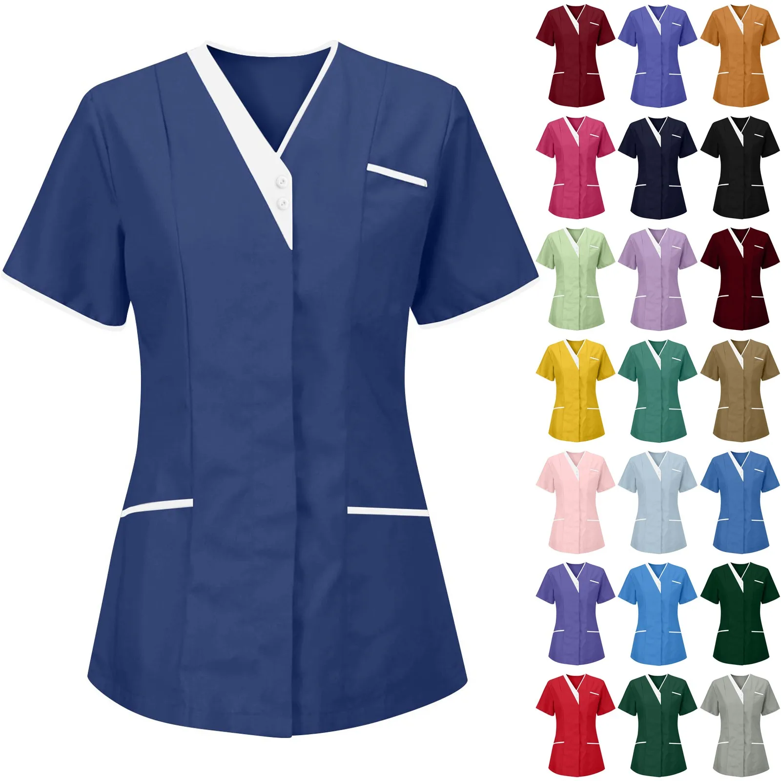 Roupa de trabalho clínica uniforme de enfermeira médica esfrega superior manga curta roupas de médico cor sólida blusa esfoliante médico vneck workwear