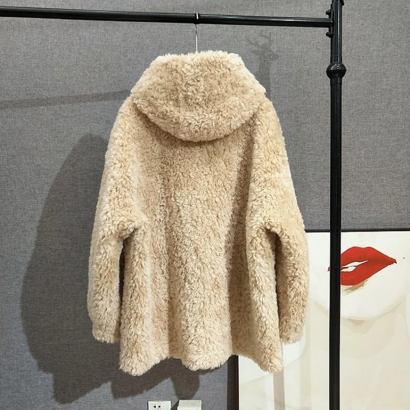 Full Wool Youthful Hooded Shearling Coat Women's Lamb Fur Warm Winter Mid-length Jacket JT543