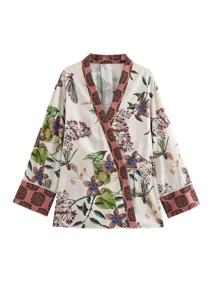 TRAF Autumn Flower Printed Pants Sets Women Set New Fashion Tied Kimono Top Women Suit Casual Two Piece Set Women Outfit