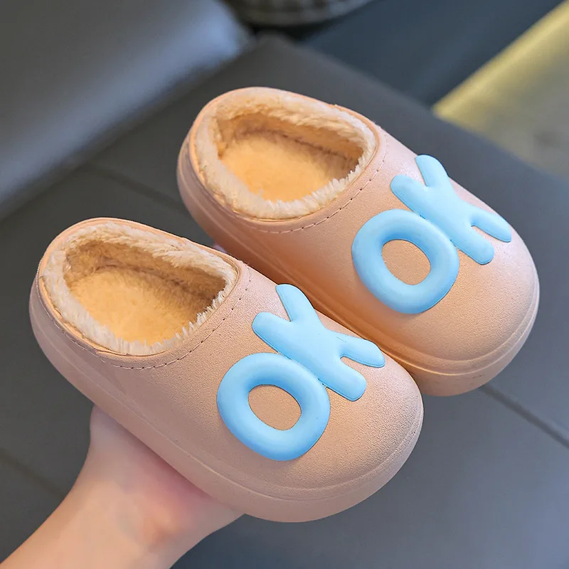 Kids Cotton Slippers Indoor Anti Slip Waterproof Girls Shoes Warm Plush Home Slippers Parent Child Shoes Boys Soft Sole Slides