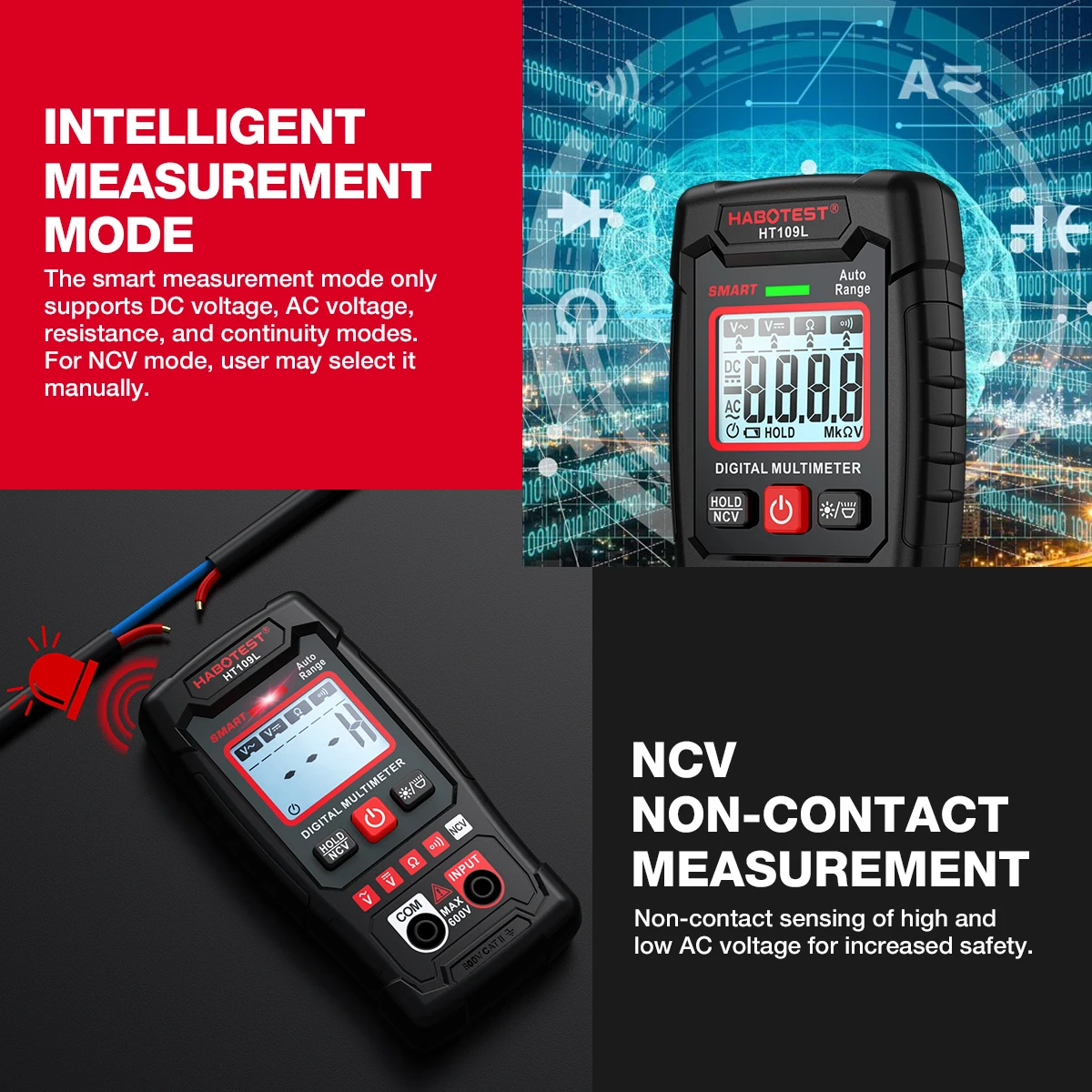 HABOTEST HT109L Digital Multimeter 4000 Counts 600V DC AC Voltage Measurement Voltmeter NCV Resistance Continuity Multitester