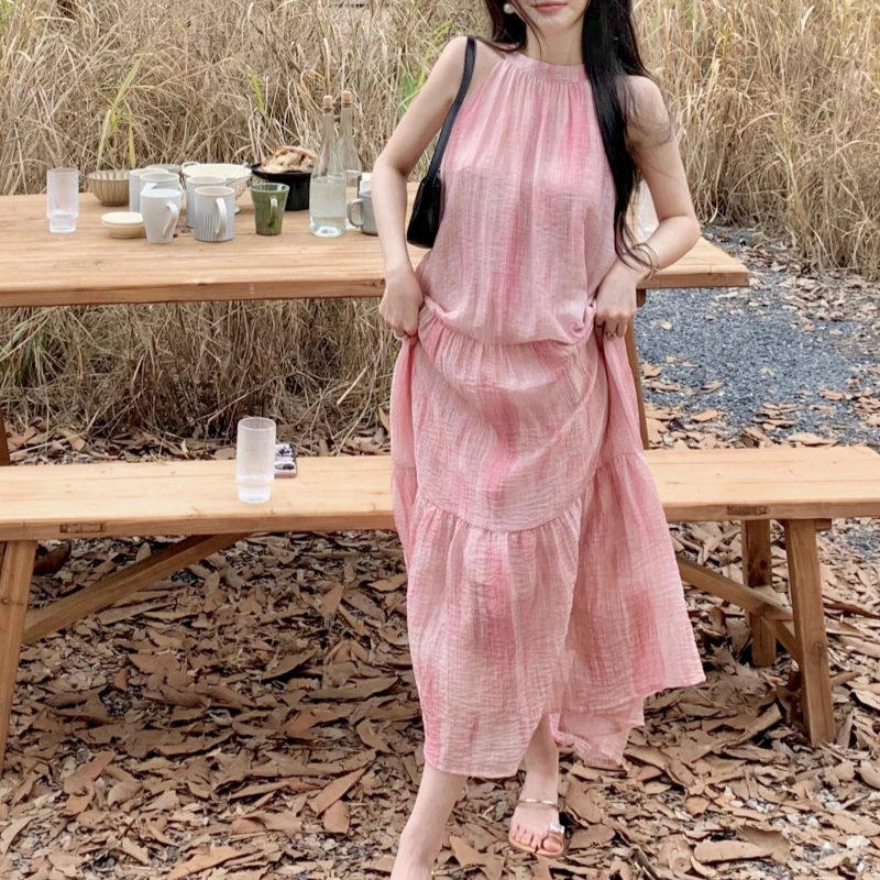 Sweet Fashion Pink Dress Women Summer First Love Gentle Sleeveless Loose Casual Halter Dress Chic Long Holiday Beach Dresses