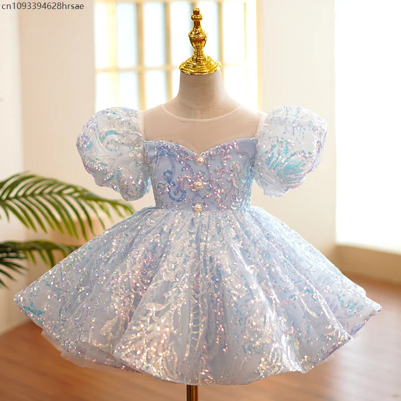 

Girls Princess Puffy Skirt Piano Performance Outfit Presenter Flower Girl Luxury Gowns Sky Blue Purple Evening Formal Frock