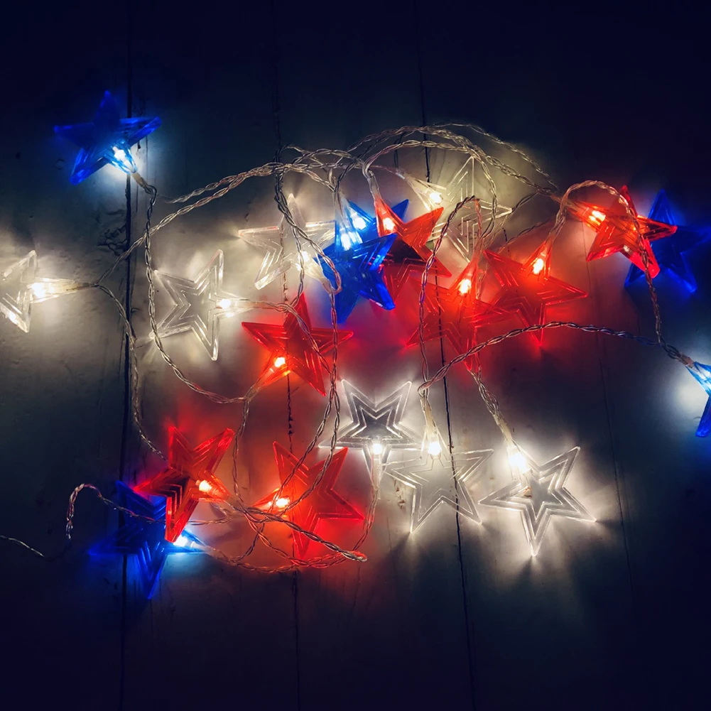 LED String Lights Blue Red White Star Pendant Lamps USA Independence Day LED Curtain String Lights Party Garden Eaves Decoration