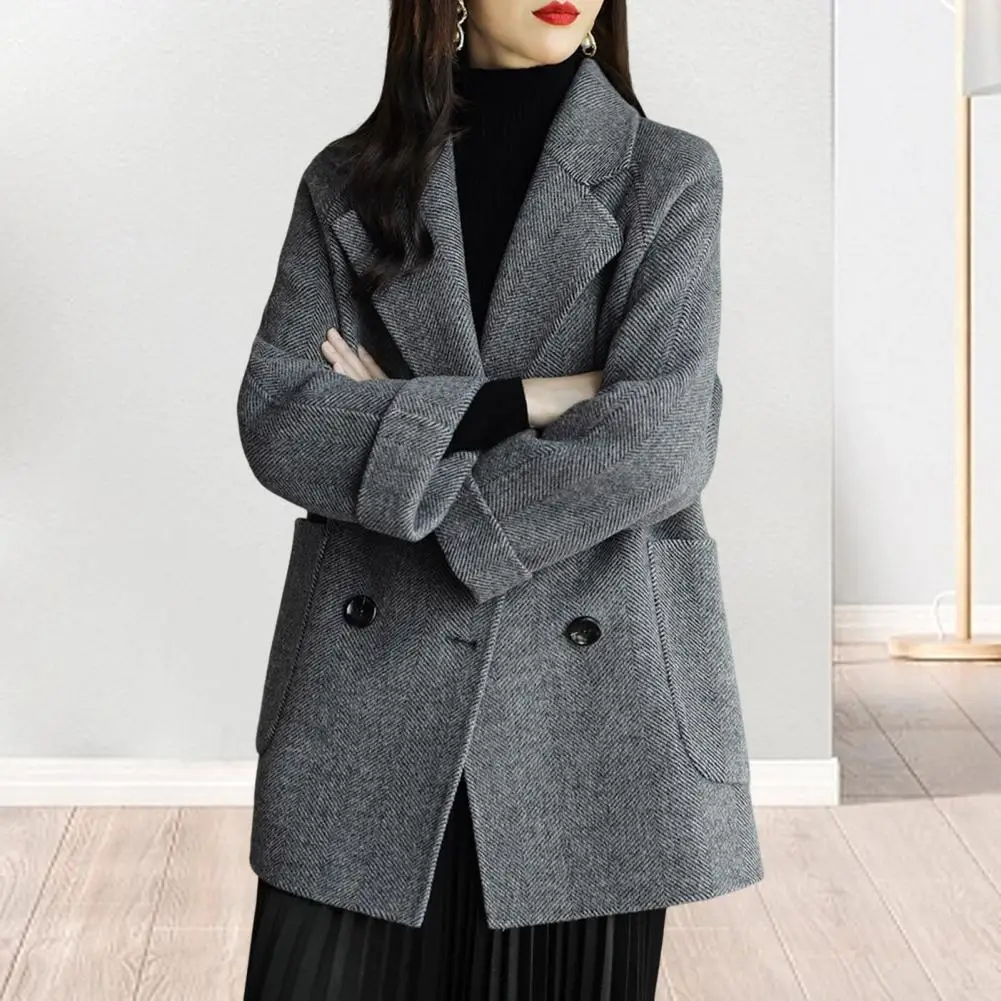 2026 Women Winter Woolen Coat Formal Business Style Turn-down Collar Double-breasted Mid Length Overcoat OL Commuting Jacket Sol