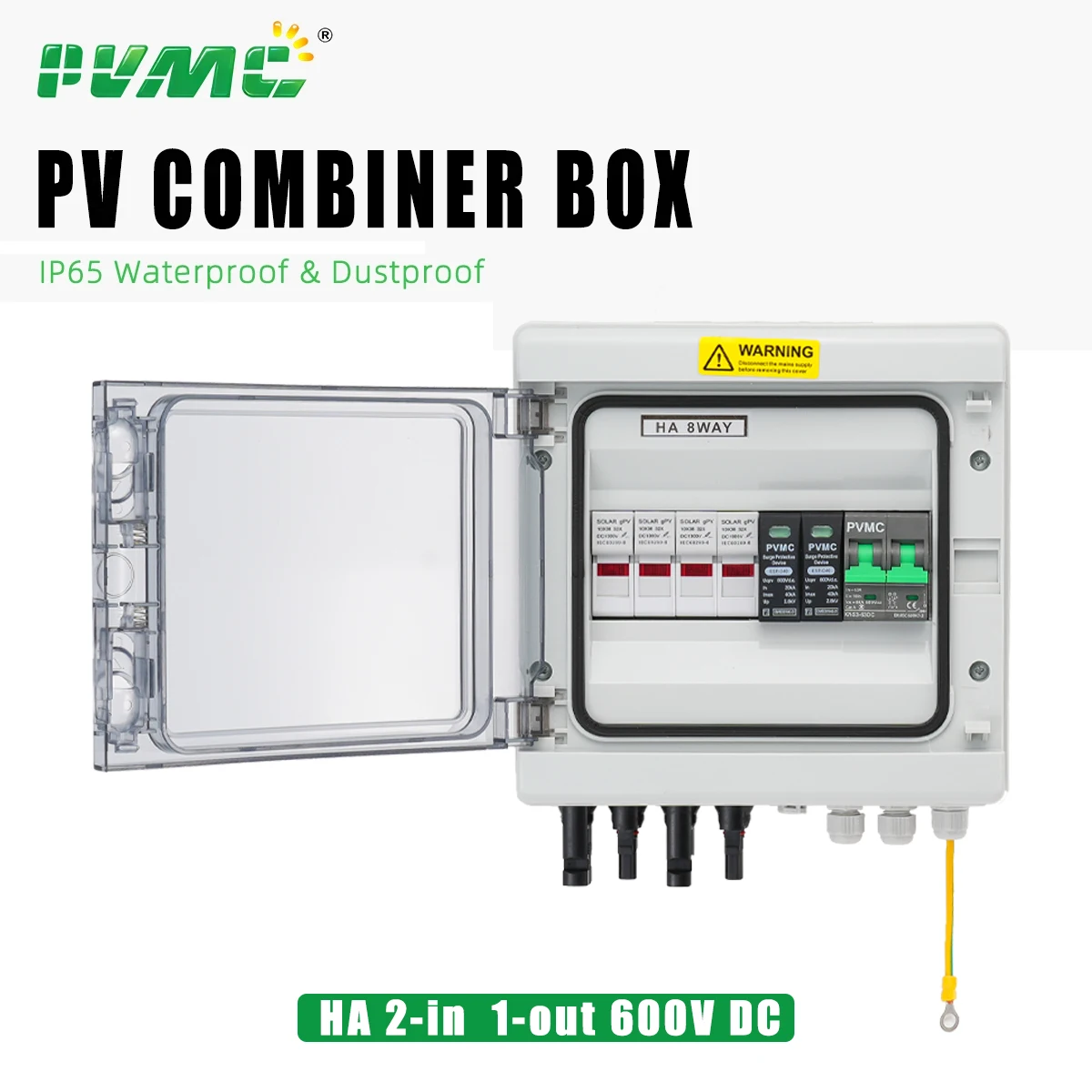 

2 in 1 out HA DC 600V Solar photovoltaic PV Combiner Box With Lightning Protection 32A Fuse MCB SPD Waterproof IP65 Distribution