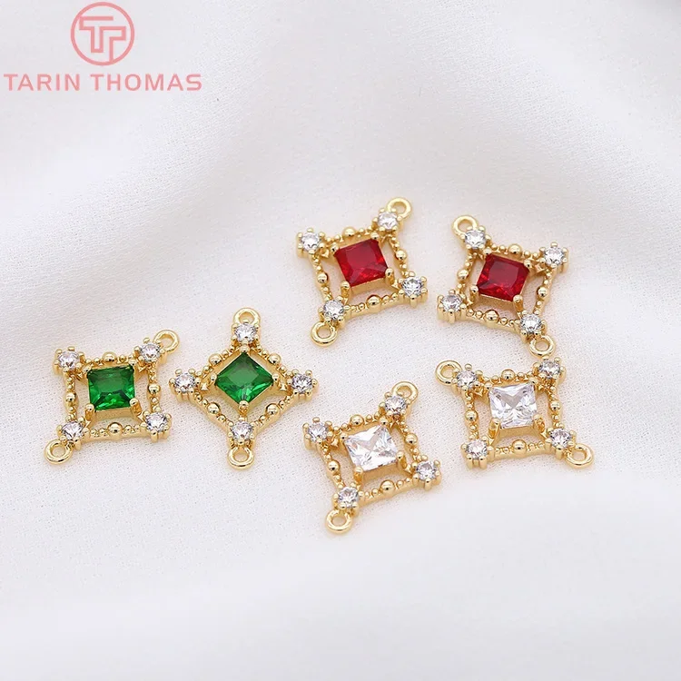 (1899)4PCS 12x17MM 24K Gold Color Brass with Zircon Square Two Holes Connector Charms for DIY Jewelry Making Finding  Accessorie