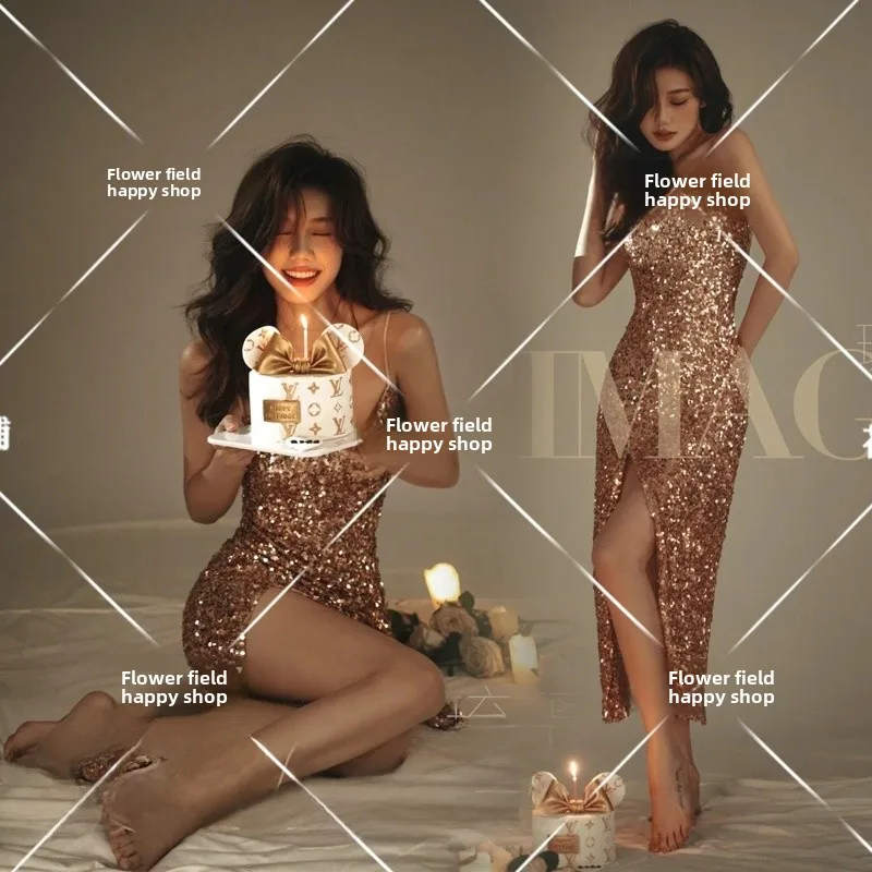 

Сексуальное платье с пайетками на бретельках для фотостудии, портретных съемок в помещении, для молодых девушек, персональных художественных фотосессий, модная одежда для взрослых женщин