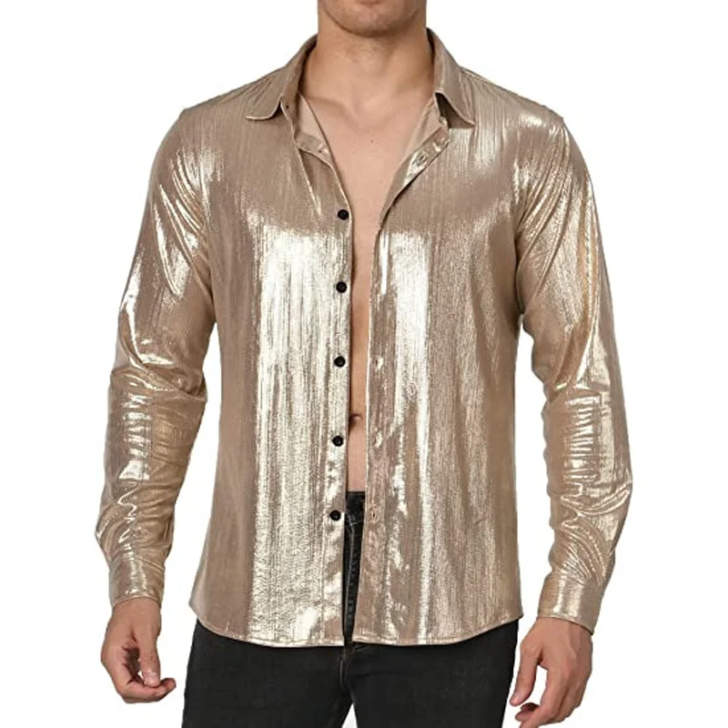 Mens Shiny Long Sleeve Dress Shirts For Party Wedding 70\'s Disco Metallic Cosplay Christmas Halloween Clothing Banquet Chemise