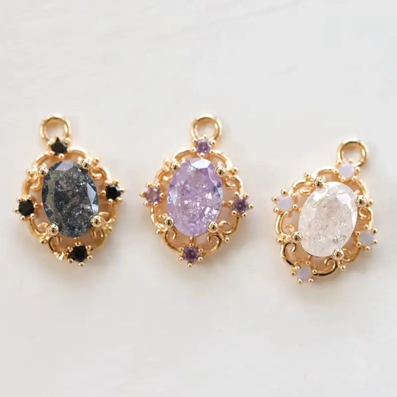 Color Preserving Copper Plating Real Gold Ice Flower Zircon Oval Lace Retro Pendant Accessories