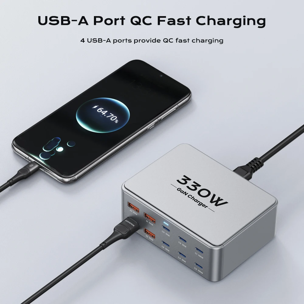 ‌330W 10 Port GaN Charger USB C PD3.0 PPS QC3.0 Desktop Fast Charger Station For Phone Laptop iPhone 17 16 Samsung Macbook Table