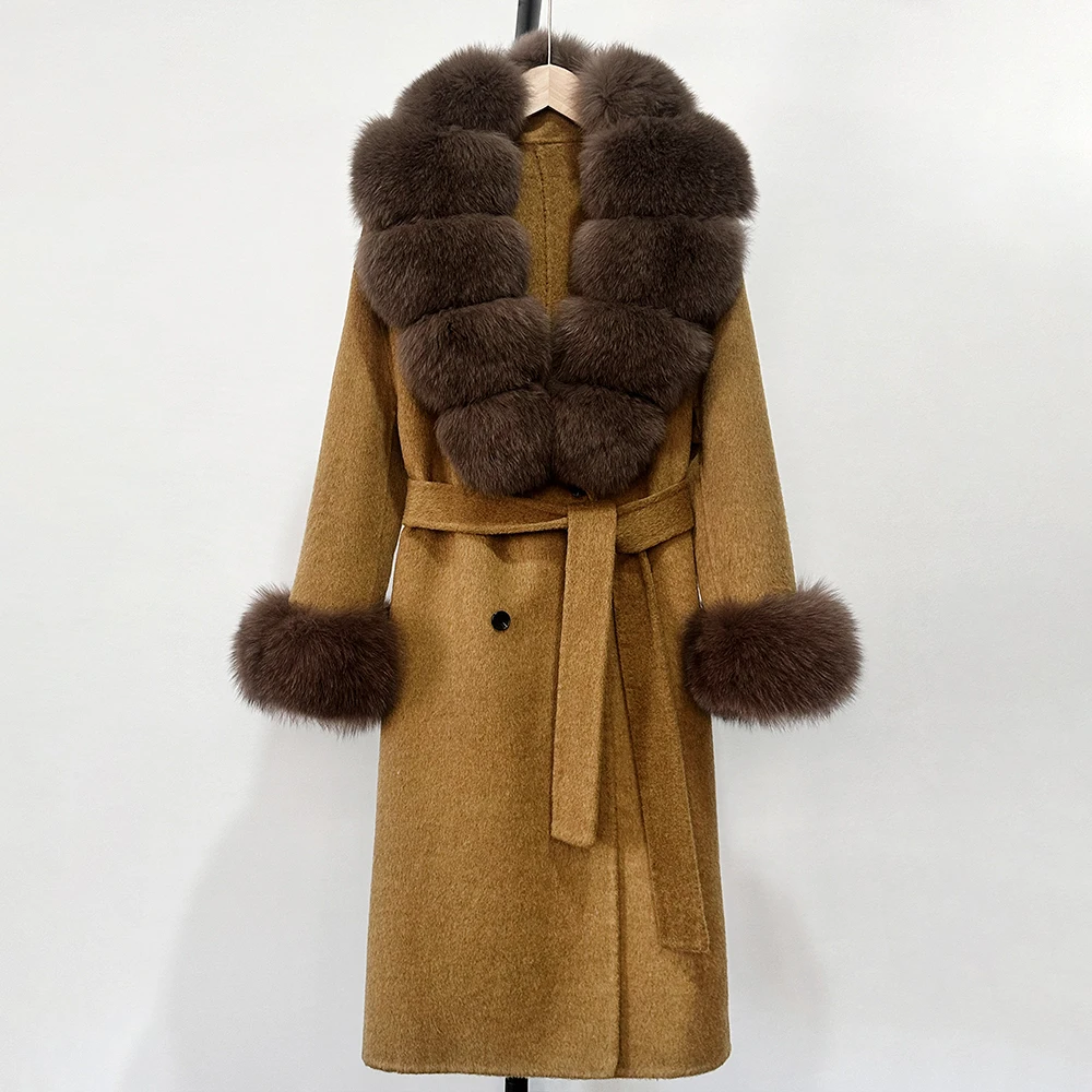 Real Fox Fur Jacket Wool Blends Coat Fashion Long Natural Woolen Coat Women New Autumn Winter Clothes Warm Wool Overcoat