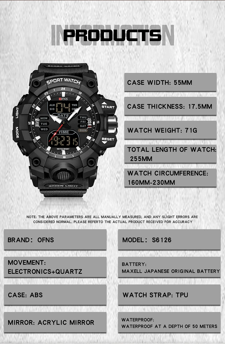 OFNS Dual Display Men Watches Waterproof Sports Watch Military Man Alarm Stopwatch Quartz Wristwatch Male Digital Clock 6126