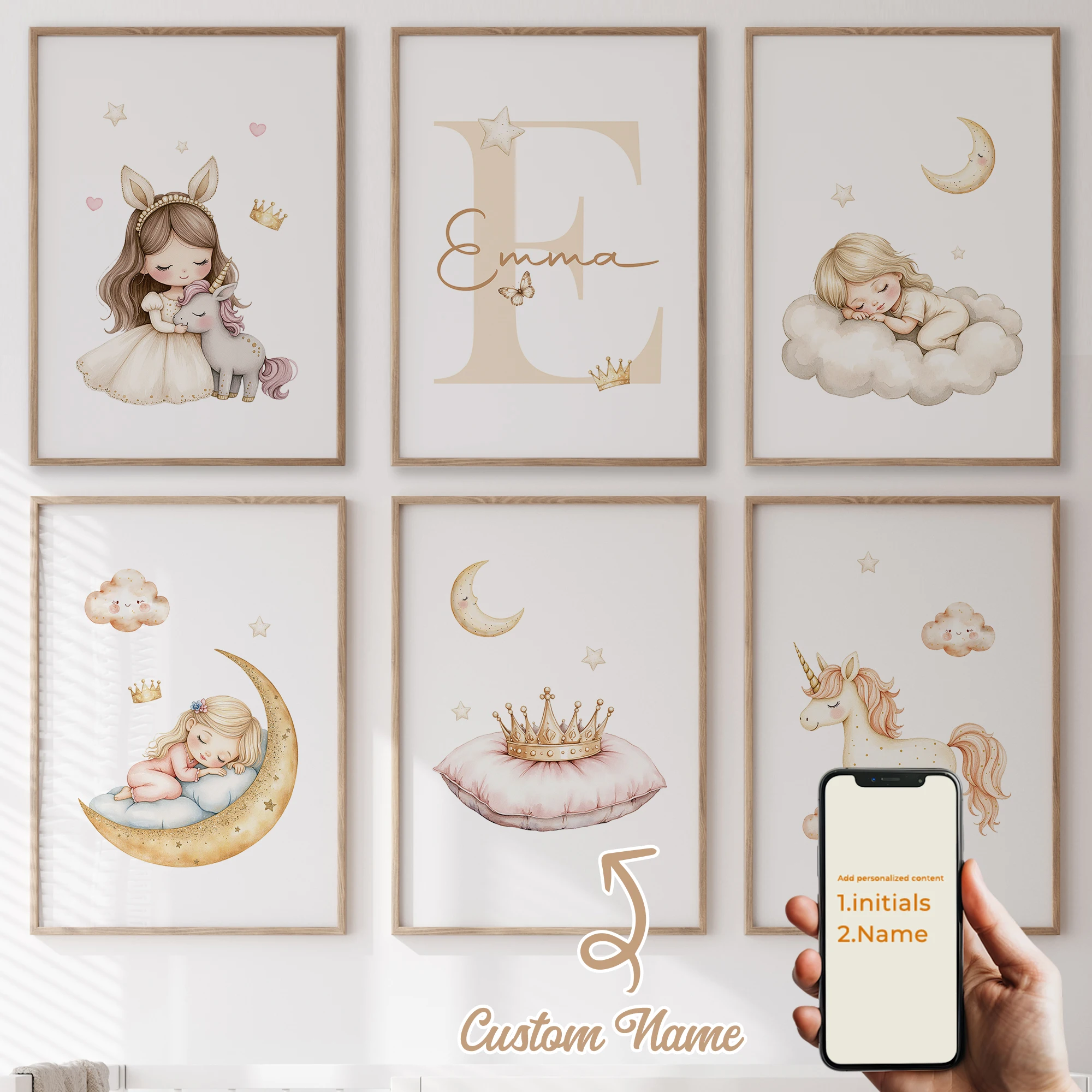 

6pcs Personalized Custom Name Cartoon Moon Princess Wall Art Print Picture Canvas Poster Painting For Living Room Home Decor
